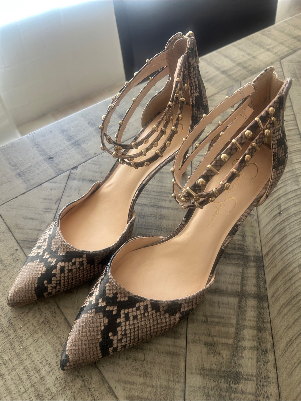 Jessica Simpson Taupe and Black Snake-Print Pointed-Toe Ankle-Strap Pumps